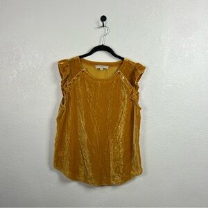 LOFT Womens Velvet Ruffle Sleeve Blouse Mustard Yellow Hippie Bohemian Chic Sz M